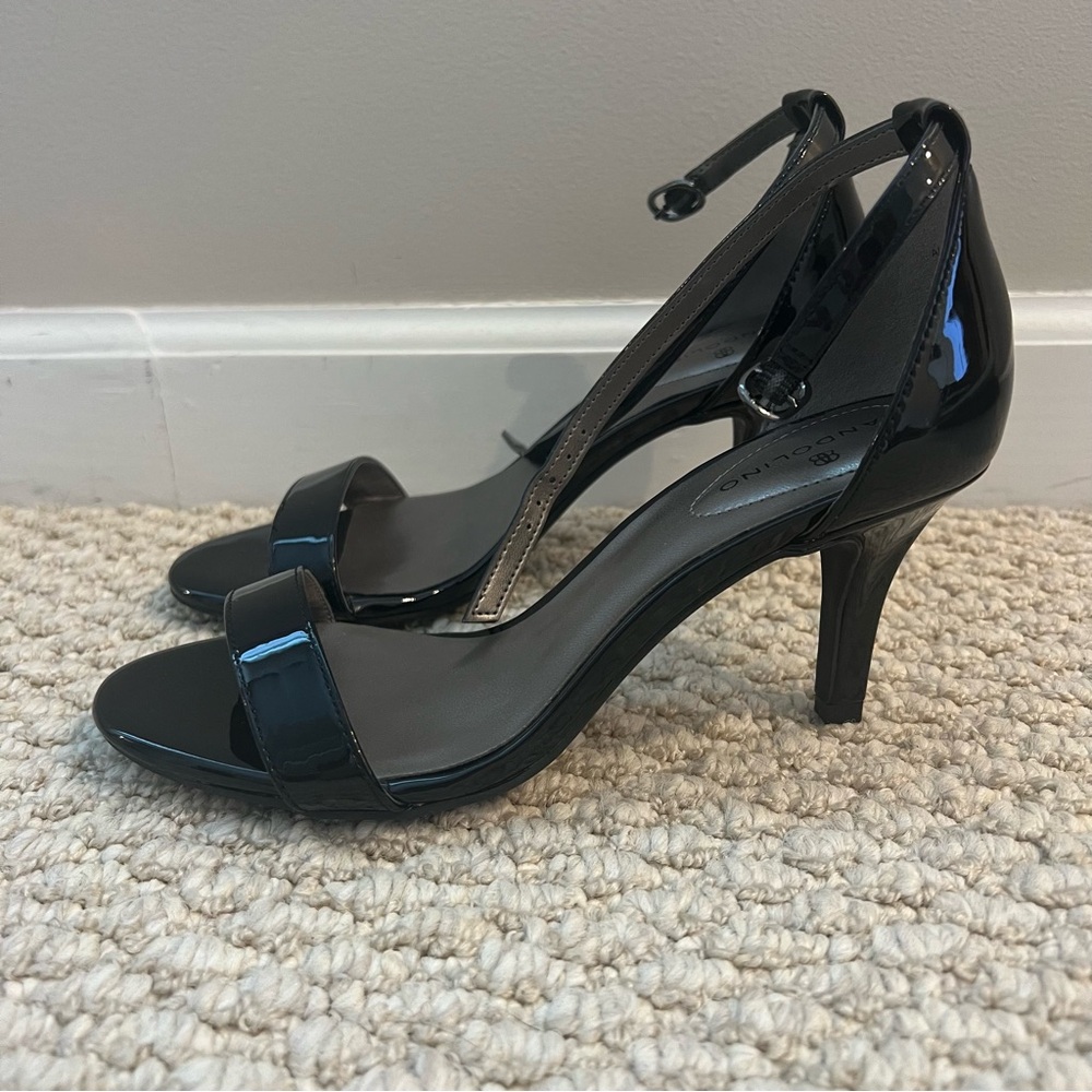 Bandolino Black Patent Leather Ankle-Strap Heels